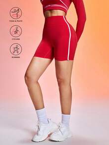 Core Rhythm Short de sport pour femmes, taille haute, couleur unie, contrôle du ventre, avec bordure contrastée