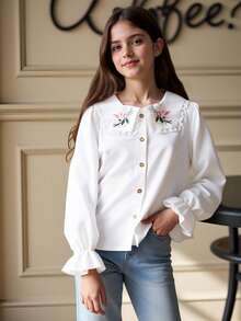 Tween Girl Embroidery Statement Collar Flounce Sleeve Shirt - White - View 3