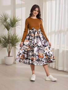 SHEIN 少女花卉印花长袖束带连衣裙，适合节日、夏季、旅行