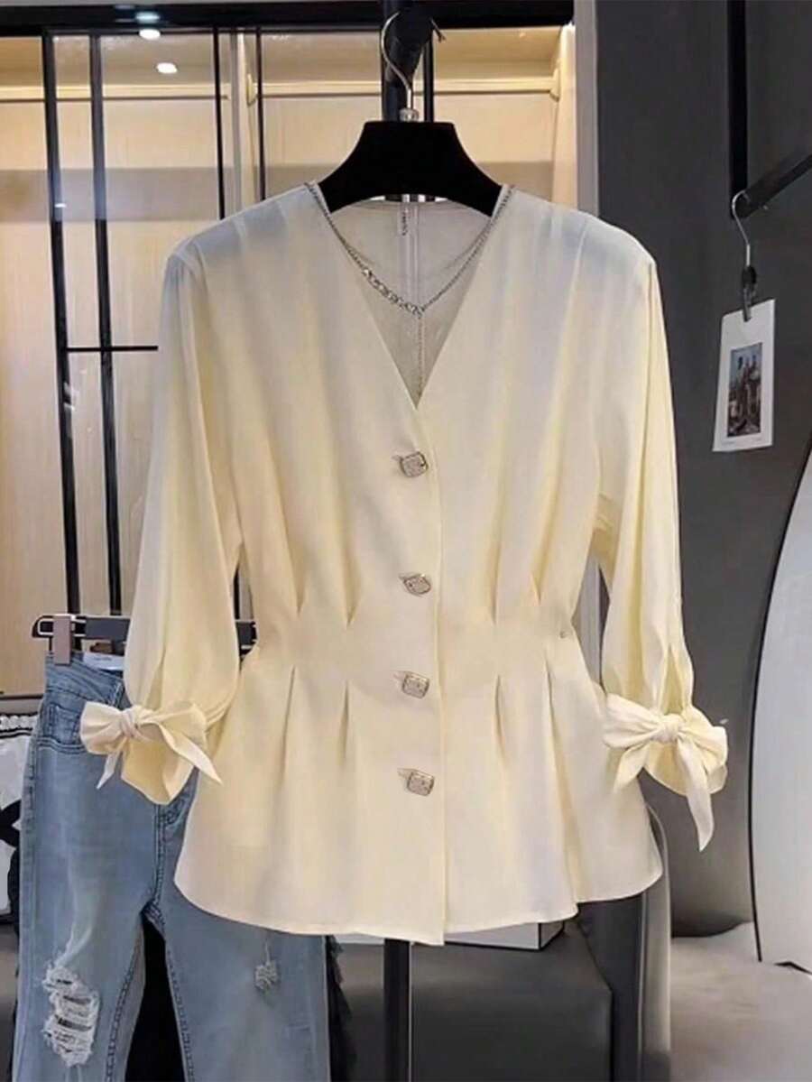 Franclia 女式休闲系腰V领中袖衬衫 - 白色 - 查看 1