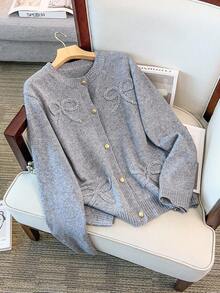 Regalyn New Women Autumn/Winter Single Piece Heavy Embroidered Bow Design Delicate Metal Button Sweater Cardigan, Sweet Elegant Elegant For Dates