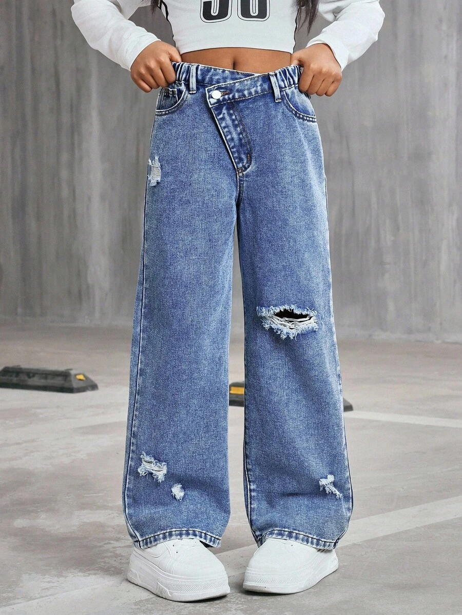SHEIN Jeans casuales para niñas preadolescentes con cierre de cremallera y cinturilla asimétrica, versátiles para exteriores, fiestas y uso diario - Azul lavado medio - Ver 1