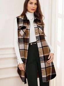 Miaspire Plaid Pocket Sleeveless Casual Women Vest Jacket - Multicolor - View 1