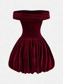 SHEIN Tween Girls Elegant Contrast Color Splice Asymmetric Neck Ruched Puff Skirt Hem 2 In 1 Dress, Velvet Casual Dress Suitable For Autumn/Winter, Halloween, Christmas, New Year Party, Graduation, Burgundy - Burgundy - View 2