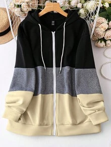 EMERY ROSE Women's Plus Size Contrast Drawstring Sweatshirt Plus Size Sweatshirts Women Sweatshirt With Zipper - Multicolor - View 1