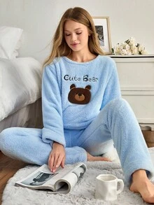 EURMUSE 女士两件套毛绒绒可爱小熊刺绣家居睡衣套装 - 藍色 - 查看 7