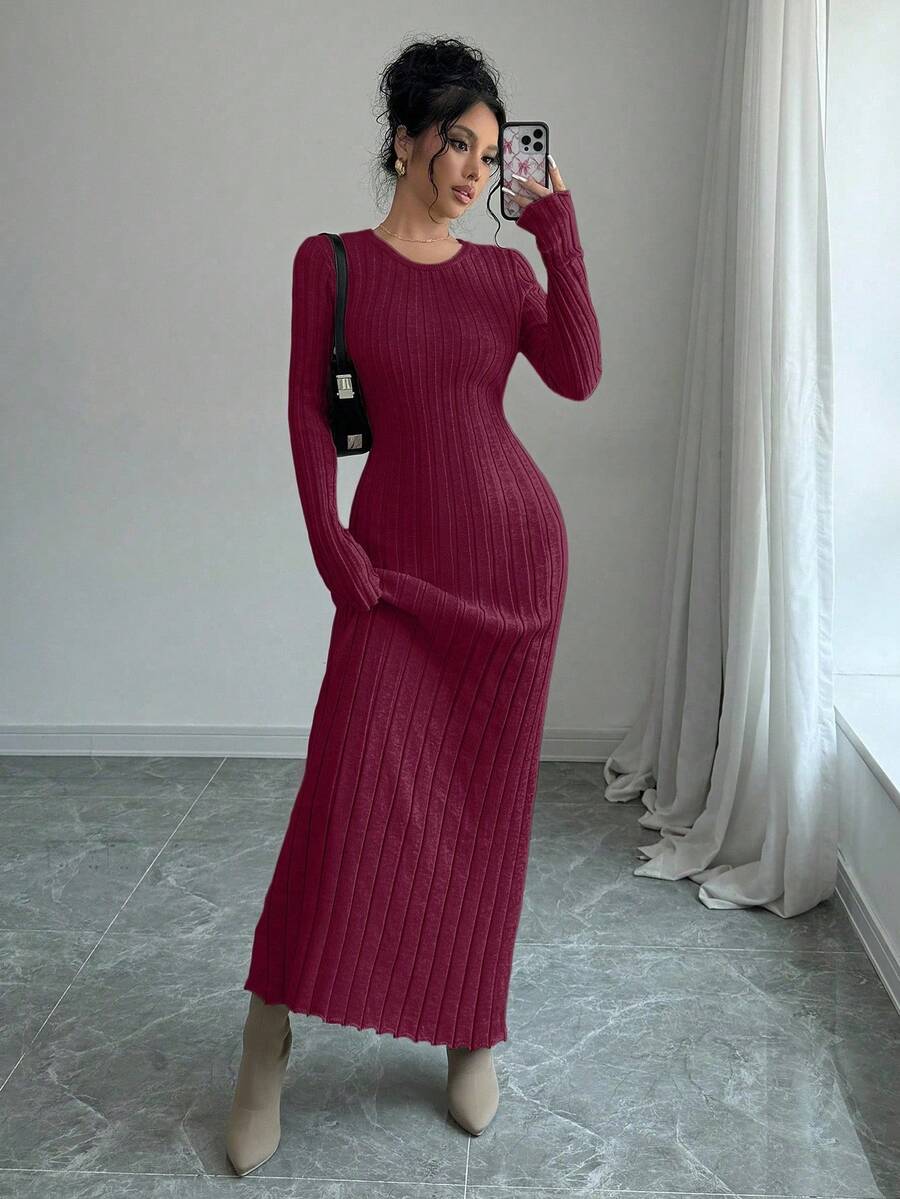 Selianne 休闲纯色长袖修身女式毛衣裙 - 酒紅色 - 查看 1