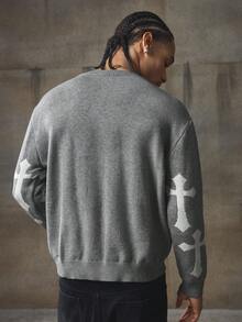 AXEPEAK Men's Casual Crew Neck Long Sleeve Sweater With Letter & Cross Pattern, Autumn, For Fall Winter - Grey - View 2