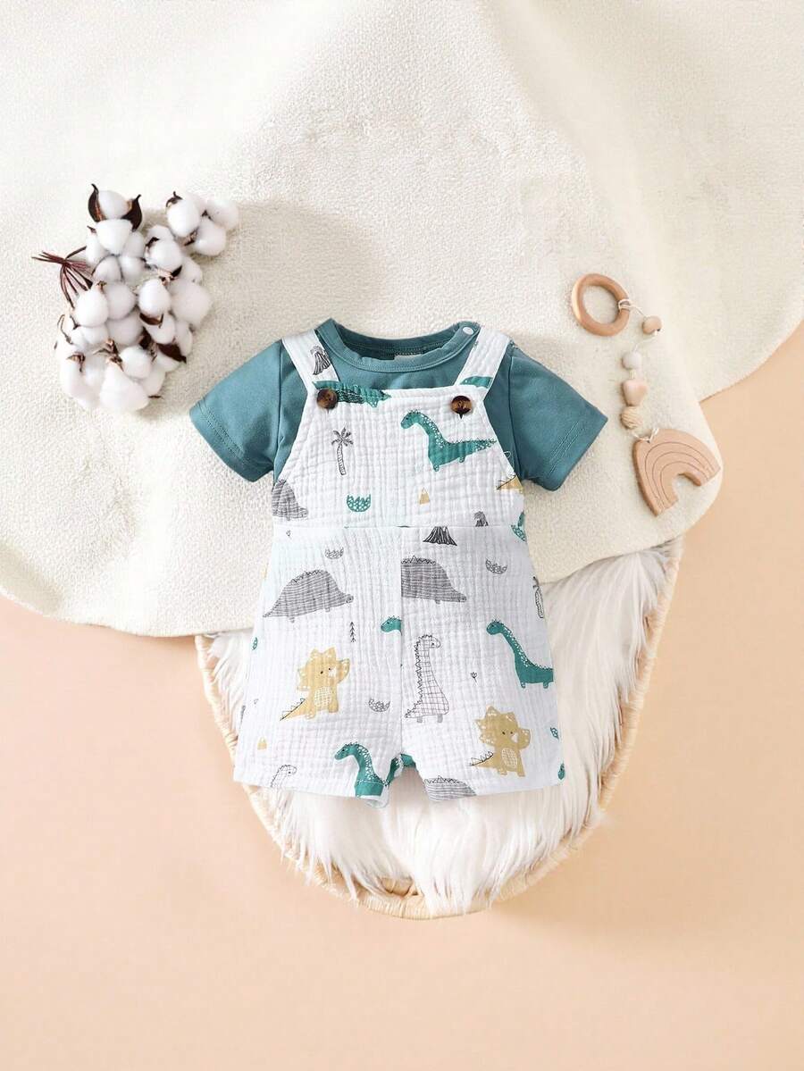 SHEIN Baby Boy Cartoon Dinosaur Printed Overalls And Top Set - Multicolor - View 1