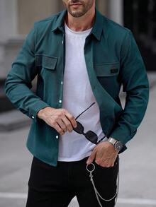 Manfinity Homme Áo sơ mi nhung kẻ tay dài cài nút đơn giản, đơn giản, thường ngày cho nam, thu đông - Màu xanh lá cây đậm - Xem 3