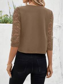 SHEIN Clasi Women's Sleeve Lace Patchwork Open Front Blazer Jacket In Fall/Winter - Mocha Brown - View 2