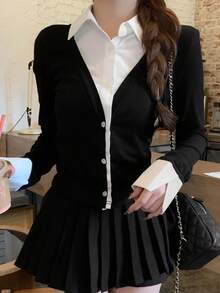 DAZY 女士百搭休闲长袖 T 恤，秋季，返校服装学院风上衣，秋季女装 - 黑色 - 查看 2