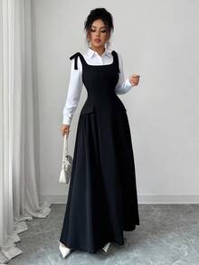 Elenzga New Women's Square Neck Wide Strap Bow Knit Textured Fabric Faux Pocket Pleated Design Dress, Casual Vacation Everyday Versatile Young Elegant, Spring/Summer