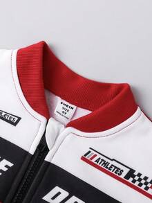 SHEIN Young Girl Colorblock Letter Print Cropped Long Sleeve Loose Stand Collar Zip-Up Bomber Jacket, Suitable For Autumn Fall Winter Varsity Jacket Race Car Girls - Red - View 5