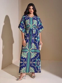 JIAN LASALA All-Over Print Blue Batwing Sleeves Boho Kaftan Maxi Dress Women Casual Vacation Wear Blue Maxi Dress Caftan Dress Print Maxi Dress Women Print Dress Motif Dress Print Dresses For Women Blue Maxi Dress Women Evening Dress Wedding Guest Luxury Stylish Clothing Collection - Multicolor - View 5
