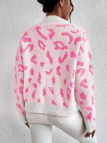 EMERY ROSE Áo len chui đầu dài tay họa tiết da báo dáng rộng thoải mái cho nữ, mùa thu - trắng - Xem 2