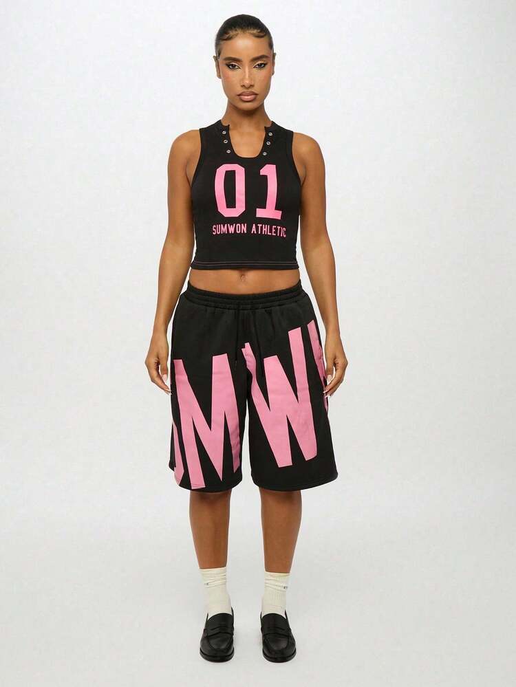 SUMWON WOMEN Cropped Tank Top With Varsity Numbers And Eyelets