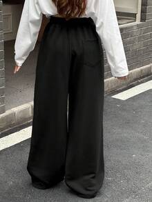 Dazy Kids 少女字母印花抽绳腰口袋宽松阔腿休闲裤 - 黑色 - 查看 2