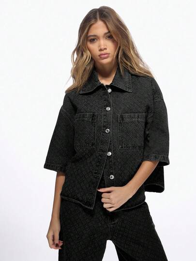 MISSGUIDED Camisa vaquera con botones y bolsillos en el pecho, corta, con hombros caídos y mangas hasta el codo, estilo occidental, para uso casual en otoño e invierno