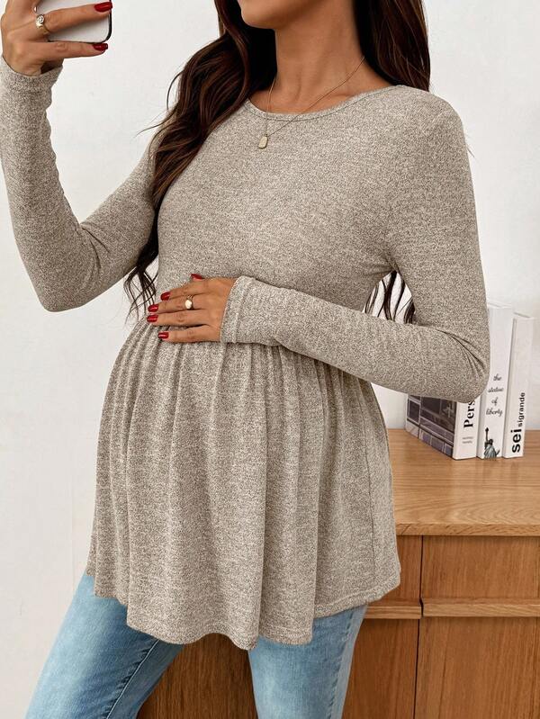 SHEIN Maternity Solid Color Round Neck Long Sleeve Ruffle Hem Casual T-Shirt Clothes For Pregnant Women Maternity Tops Pregnancy Clothes Maternity Shirts For Women Maternity Clothes Fall Winter