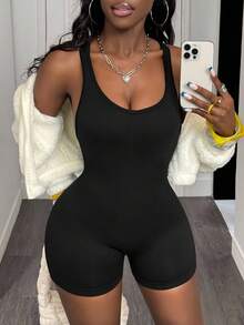 Slaydiva Women's Solid Color Criss-Cross Back Casual Fitness Sports Romper - Black - View 2