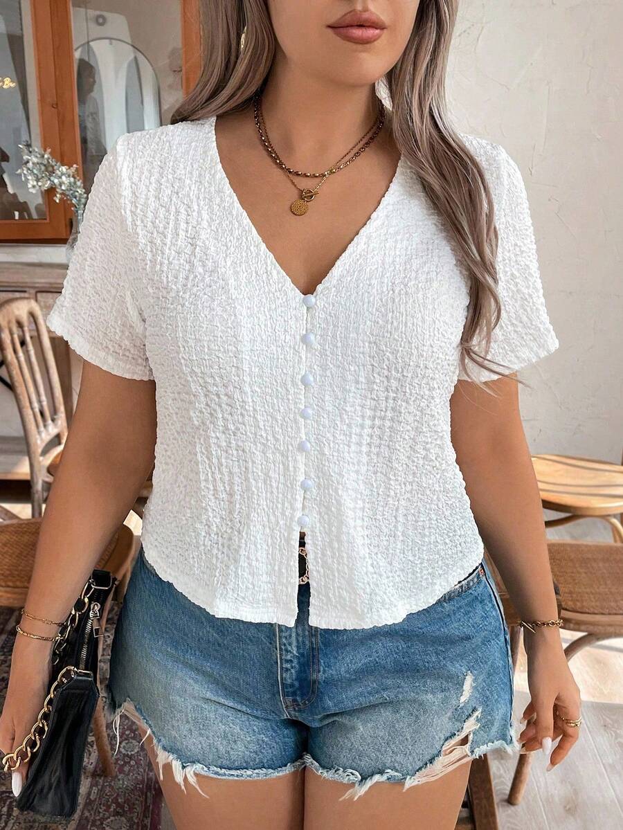 Calvaya Áo sơ mi ngắn tay cổ chữ V màu trơn mùa hè Plus Size có viền xẻ - trắng - Xem 1