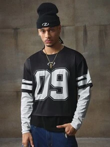 AXEPEAK Men's Contrast Color Print Crew Neck Long Sleeve T-Shirt, Fall, Winter - Black and White - View 3