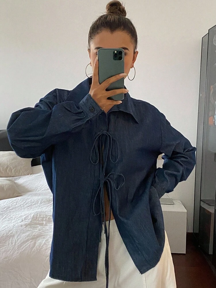 Women's Lapel Bowknot Strap Design Loose Long Sleeve Casual Denim Blouse