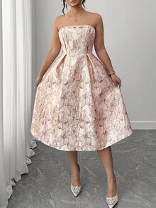 Elenzga 大码女式花卉提花褶皱设计优雅露肩连衣裙 - 粉色 - 查看 5