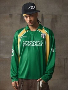 AXEPEAK Men's Fashionable Printed Turndown Collar Long Sleeve Polo Shirt, Fall