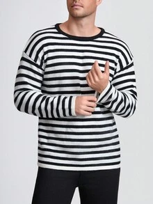 INAWLY Men's Casual Striped Round Neck Drop Shoulder Long Sleeve Knit Sweater, Autumn - Multicolor - View 7