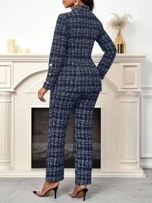SHEIN Lady 2025 New Navy Blue Tweed Printed Women's Two Pieces Set Elegant Commuter Women's Two Pieces Set - Navy Blue - View 6