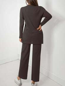 EURMUSE 2pcs Women Solid Color Round Neck Drop Shoulder Split Hem Long Sleeve Ribbed Top And Pants Set - Chocolate Brown - View 2