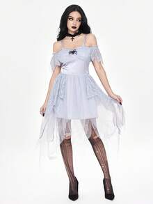 ROMWE Avant Váy xòe ren tuyn mặt dây chuyền nhện Halloween, trang phục cô dâu cosplay - Màu Xám nhạt - Xem 4