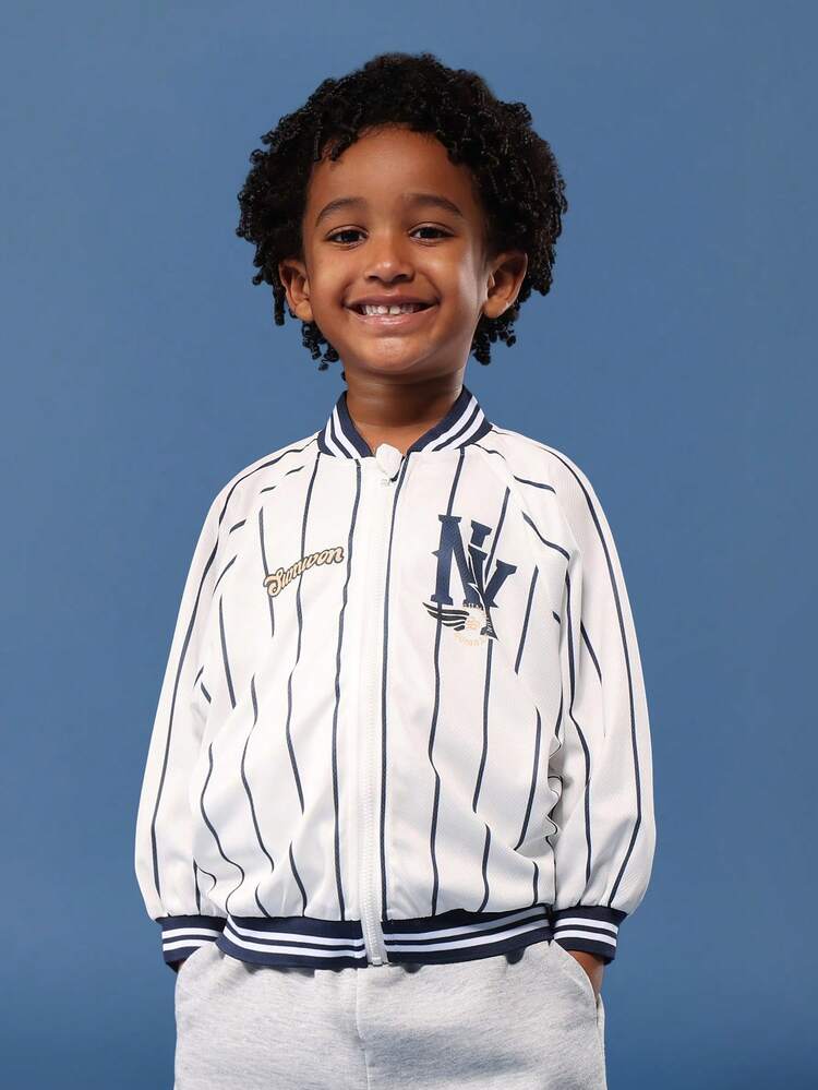 Striped Baseball Bomber Jacket With NY Logo And Ribbed Trim