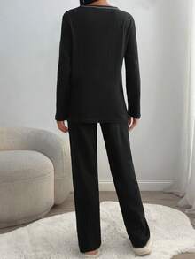 Completo pigiama da donna 2 pezzi, morbido e caldo, in maglia a costine, con dettaglio ricamato "Lasciami dormire", per il comfort della casa