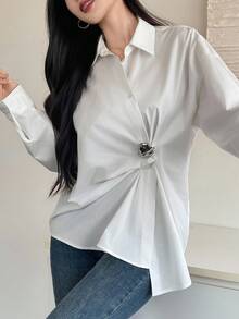 DAZY Blouse vintage décontractée à manches longues, col oblique avec boutons métalliques, coupe ample, pour femmes, automne/hiver - Blanc - Voir 7