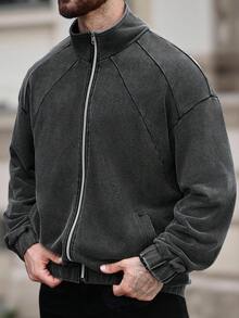 Manfinity Homme Men's Casual Zip-Up Patchwork Jacket, Autumn - Black - View 3