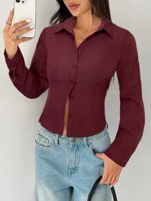 SHEIN PETITE 基本款休闲长袖收腰衬衫 - 酒紅色 - 查看 6