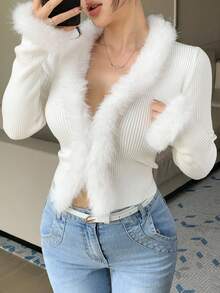 DAZY 女式流苏拼接V领开衫，秋季 - 米色 - 查看 7