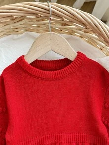 SHEIN 女嬰純色圓領長袖休閒針織冬季洋裝，秋季 - 紅色 - 查看 3
