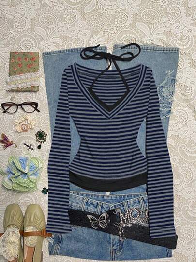 INAWLY Women's Purple Long Sleeve Camisole Striped T-Shirt, Casual Top