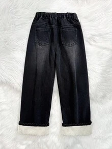 SHEIN 青少年女孩時尚黑色冬季休閒校園寬鬆牛仔褲，保暖內裡丹寧秋季長褲 - 黑色 - 查看 3