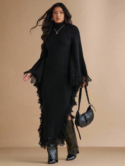 Silquee Women's Solid Color Turtleneck Fringe Cuff Fitted Elegant Knit Dress, Autumn Sweater Dress Women Fringe Dress Fringe Outfits Women Tassel Dress Black Fringe Dress,Fall Black Dress Fringe Sweater Dress