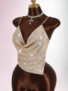 Amplova Top plus size feminino com alças finas e lantejoulas, moda verão