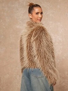Lumalex Winter Fall For Women's Fashionable Short Fluffy Faux Fur Stand Collar Coat Holiday Vacation New Year's Party Night Out Dates Cute Halloween Costume For Women Wedding Guest Graduation Prom Business Casual For Women Teacher's Luxury Evenings For Women Elegant For Parties Birthday - Brown - View 3