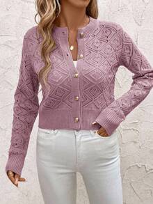 SHEIN Clasi 女士纯色简约长袖短款镂空开衫，日常穿着 - 淺灰紫 - 查看 5