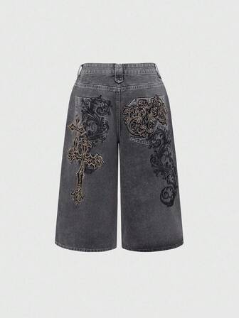 Grunge Punk Pantalones cortos de mezclilla con bordado de patrón de vid vintage del milenio Y2K de talle súper bajo y holgados para mujer