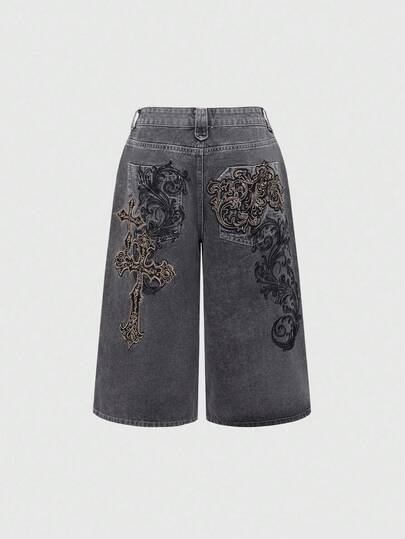 ROMWE Grunge Punk 女式超低腰宽松 Y2K 千禧复古藤蔓图案刺绣牛仔短裤