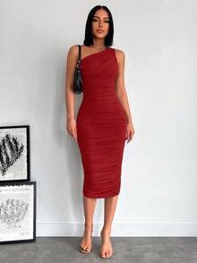 EURMUSE Elegant Commuter Solid Color Ruched Fitted Dress - Red - View 4